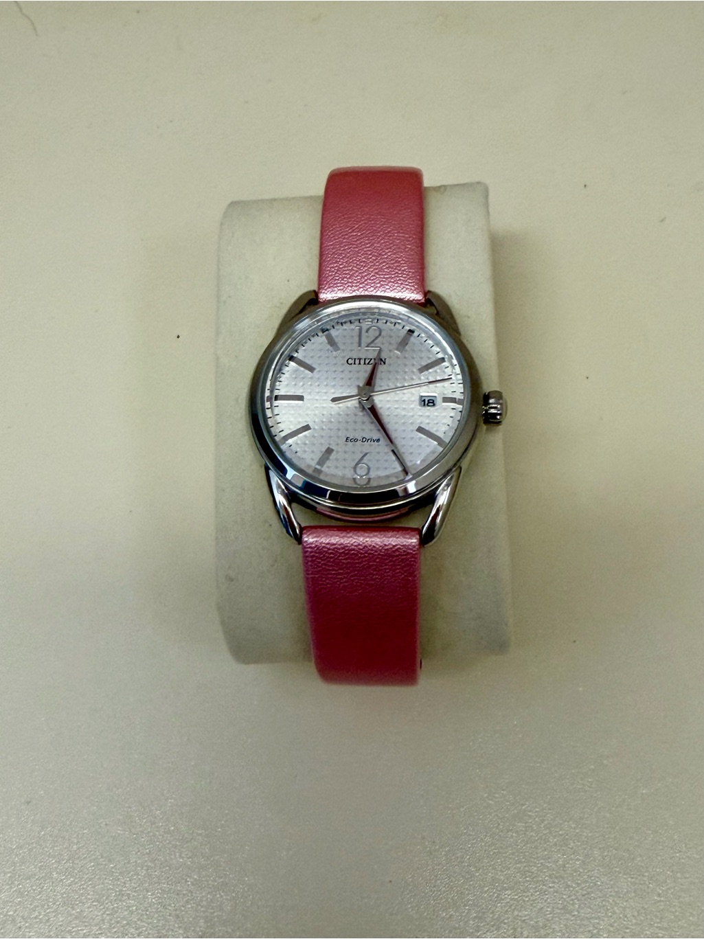 Citizen Eco-Drive Women’s Pink Leather Watch Date Silver Tone Light Powered